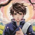 Golden Hour Solitude: Manga Boy Portrait Beneath Sakura Blossoms