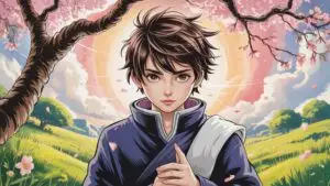 Golden Hour Solitude: Manga Boy Portrait Beneath Sakura Blossoms