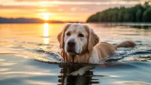 Golden Retriever Swimming Sunset
