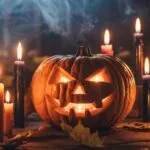 Halloween Candles Beside Carved Pumpkin