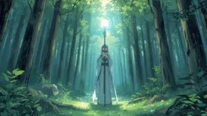 Healer Priestess Glowing Magic Staff Forest