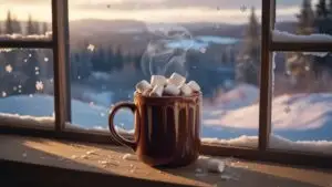 Hot Chocolate With Marshmallows Near Window Snow