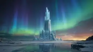 Ice Kingdom Tower Under Aurora