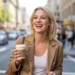 Joyful Woman Natural Smile Coffee Cup Soft Sunlight