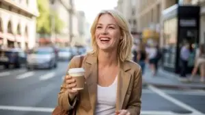 Joyful Woman Natural Smile Coffee Cup Soft Sunlight