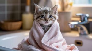 Kitten Wrapped in a Towel After Bath