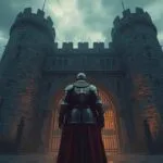 Knight in Armor Standing Before Castle Gate