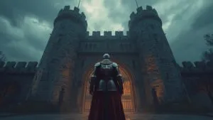 Knight in Armor Standing Before Castle Gate