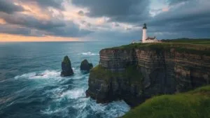 Lighthouse Cliffs Stormy Day Heavy Sea