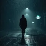 Lonely Figure Walking in Rainy Street