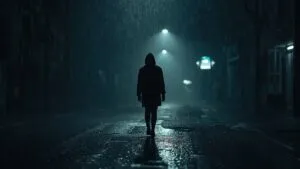 Lonely Figure Walking in Rainy Street