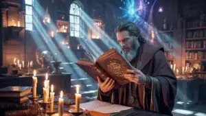 Mage Reading Spellbook in Candle Light
