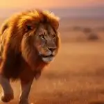Majestic African Lion Striding Across Golden Savanna