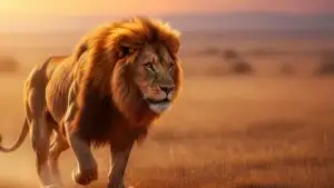 Majestic African Lion Striding Across Golden Savanna