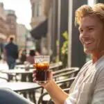 Man Drinking Iced Coffee Outside a Café