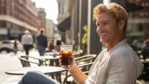 Man Drinking Iced Coffee Outside a Café
