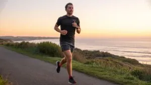 Man Jogging on Coastal Path During Sunrise