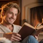 Man Reading Beside Fireplace