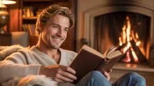 Man Reading Beside Fireplace