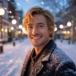 Man Standing in Snowy Street with Lights