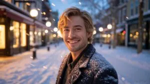 Man Standing in Snowy Street with Lights