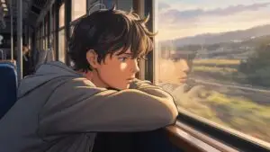 Manga Boy Leaning on Train Window