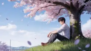 Manga Boy Sitting Alone Under Cherry Tree