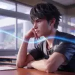 Manga Boy Sitting on Classroom Desk Looking Outside