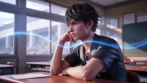 Manga Boy Sitting on Classroom Desk Looking Outside