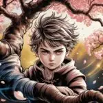 Manga Boy Under Sakura Tree at Golden Hour