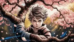 Manga Boy Under Sakura Tree at Golden Hour