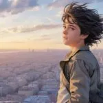 Manga Boy With Windswept Hair on Rooftop