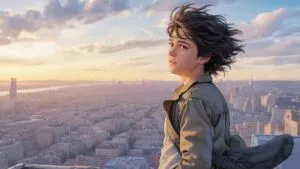 Manga Boy With Windswept Hair on Rooftop