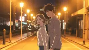 Manga Couple Holding Hands Under Night Lights