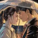 Manga Couple Sharing Umbrella in Gentle Rain