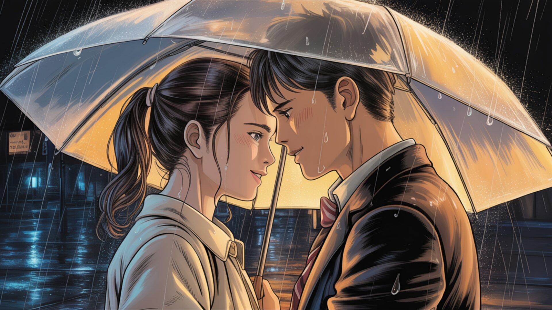 manga couple sharing umbrella in gentle rain wallpaper, manga, calm scene, cozy moment, manga couple, romantic vibe, shared umbrella, soft rain, warm colors, desktop, mobile, background