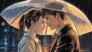 Manga Couple Sharing Umbrella in Gentle Rain