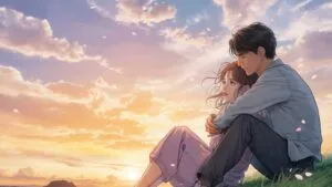 Manga Couple Sitting Together Under Sunset Sky