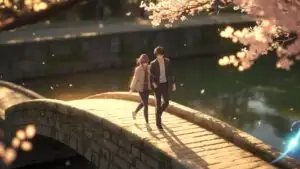 Manga Couple Walking Together on Quiet Bridge