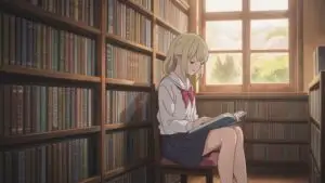 Manga Girl Reading a Book in Quiet Library