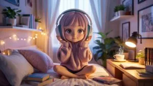 Manga Girl Sitting on Bed in Thoughtful Pose