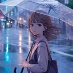 Manga Girl Standing in Rainy Street With Umbrella