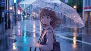 Manga Girl Standing in Rainy Street With Umbrella