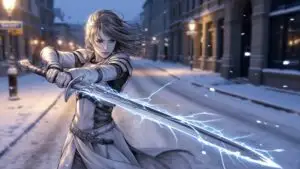 Manga Girl Standing in Snowy Evening Street