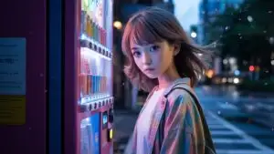 Manga Girl Standing Near Vending Machine at Night