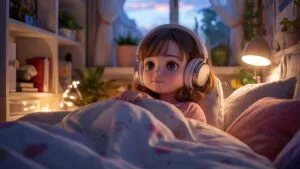 Manga Girl With Headphones in Cozy Room