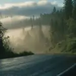 Misty Road: Rainy Forest Path with Soft Light