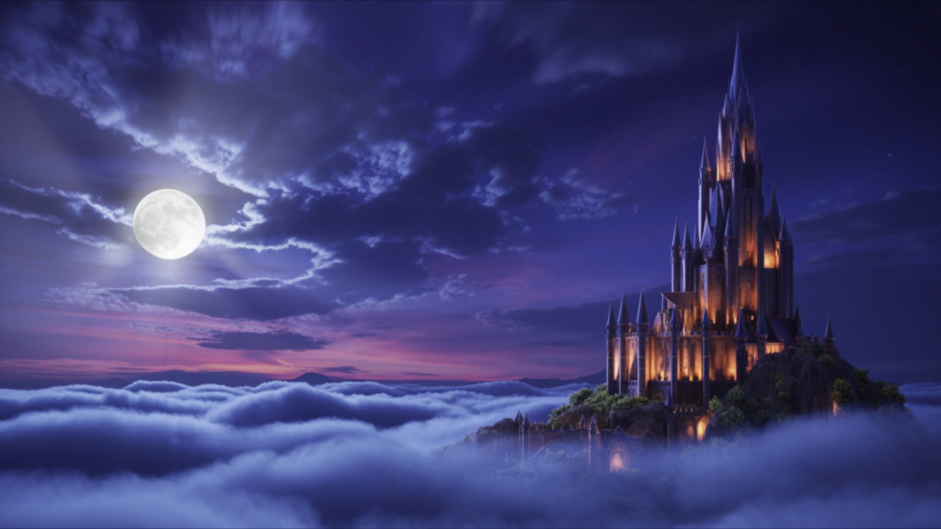 moonlit castle above clouds wallpaper, fantasy, castle in clouds, dreamy atmosphere, fantasy sky, high-altitude, magical scene, moonlight, soft night, desktop, mobile, background