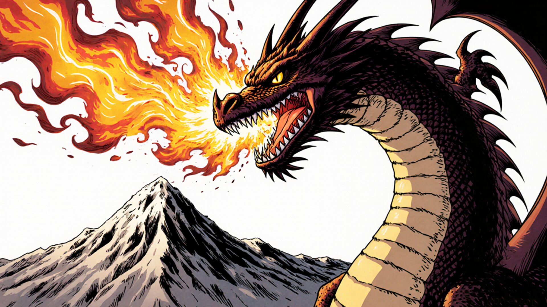 mythical dragon fire breath mountain peak view wallpaper, manga, destruction, fantasy, fire breath, mountain peak view, mythical dragon, powerful, desktop, mobile, background