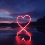 Neon Heart Reflection on Wet Ground at Night